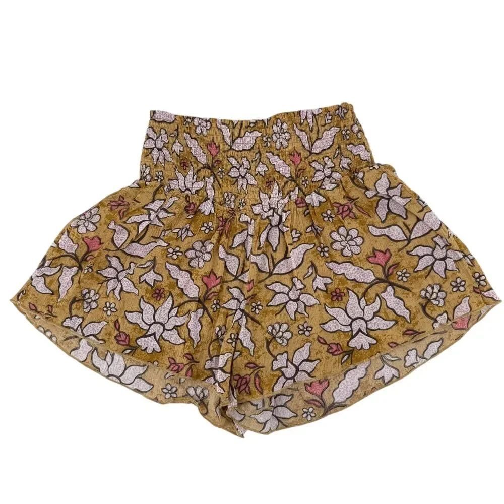 Aerie Shorts XS Smocked Floral High Rise Wide Leg Bohemian Casual Pull On Yellow